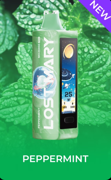 Top 10 Vapes of 2026 So Far (Europe Market Guide) 5 Lost Mary MO20000 vape device in Peppermint flavor with a mint leaf background, labeled as new.