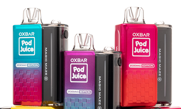 Top 10 Vapes of 2026 So Far (Europe Market Guide) 7 A colorful assortment of OXBAR Magic Maze Zodiac Edition vapes featuring Pod Juice branding, displayed in blue, purple, and red hues.