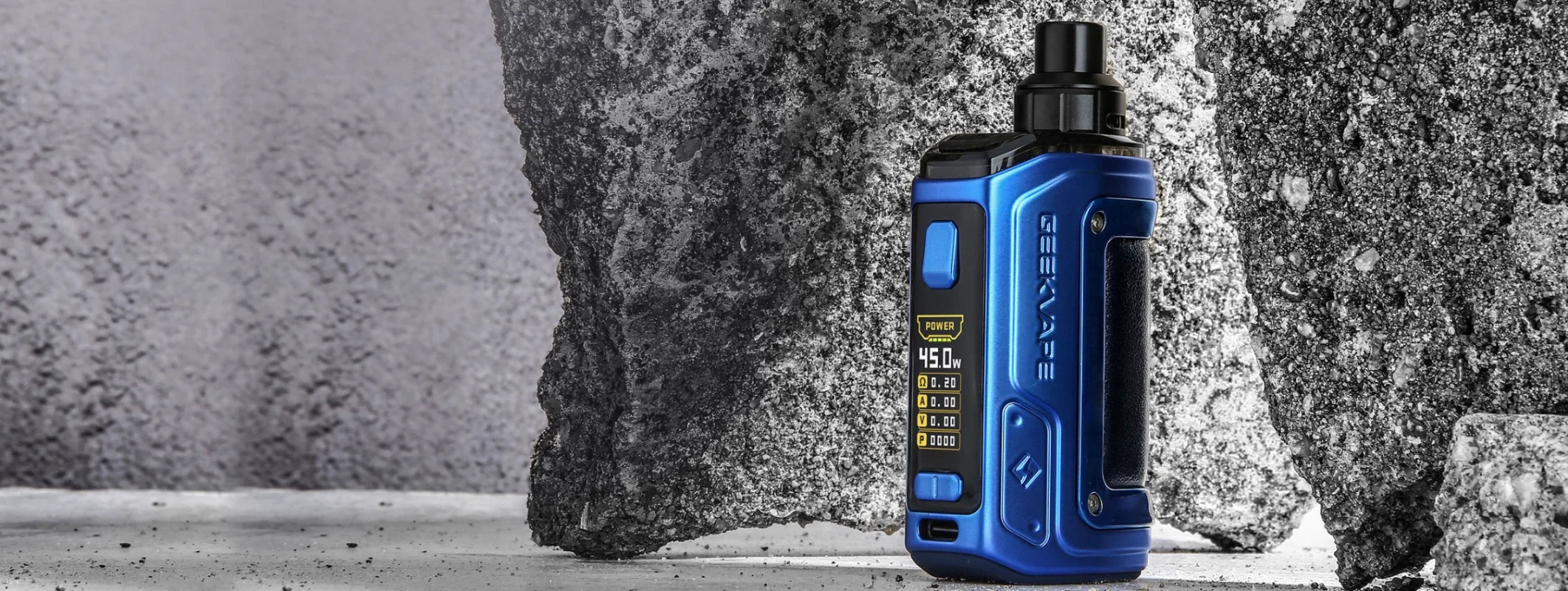 What Is a Refillable E-Cigarette and How Does It Work? 5 A blue GeekVape Aegis Boost pod mod featuring a 45W power display, set against a textured stone background.