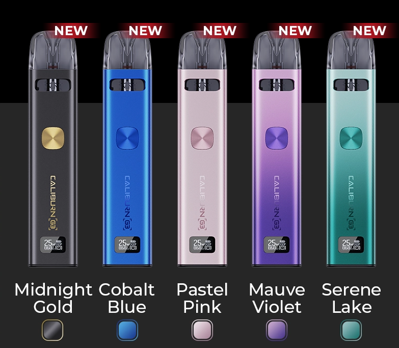 Top 10 Vapes of 2026 So Far (Europe Market Guide) 10 Five Uwell Caliburn G3 vape devices in Midnight Gold, Cobalt Blue, Pastel Pink, Mauve Violet, and Serene Lake, each featuring a "NEW" label and "25 W" power indication.