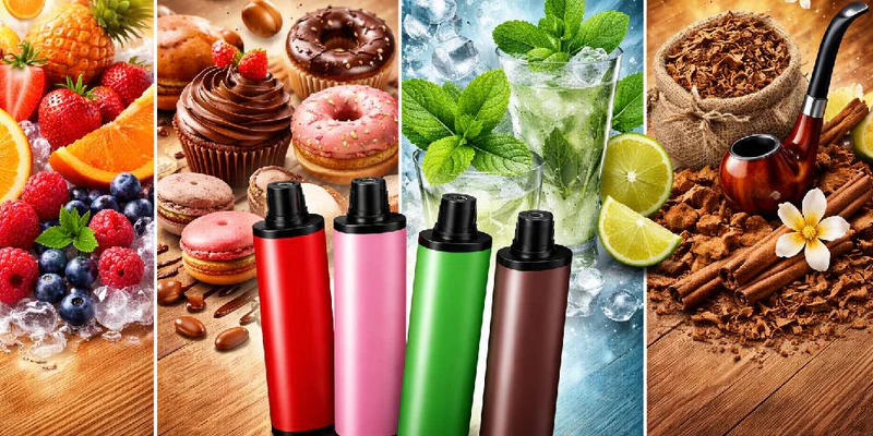Nicotine Pouches vs Vaping: Key Differences Explained 8 Four colorful vape devices displayed against a backdrop of fresh fruits, desserts, mint cocktails, and tobacco with a pipe, representing a variety of flavors including berry, chocolate, mint, and classic tobacco.