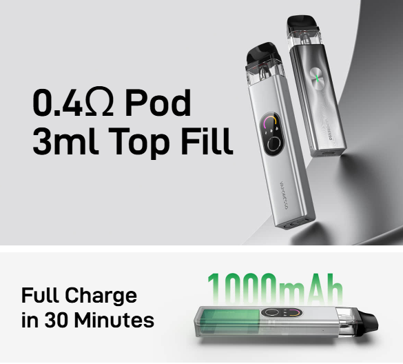 Top 10 Vapes of 2026 So Far (Europe Market Guide) 8 Vaporesso XROS 4 pod system featuring a 0.4Ω coil, 3ml top-fill capability, and a 1000mAh battery with full charge in 30 minutes. Two devices displayed in a sleek, metallic design.