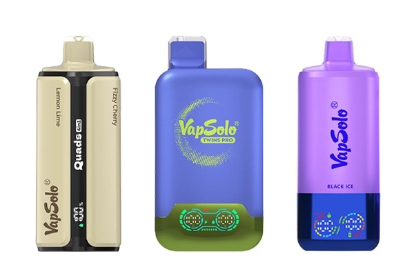 Three Vapsolo vapes displaying brand names: Quads with Lemon Lime and Fizzy Cherry flavor, Twins Pro, and Triple Pro with Black Ice flavor.