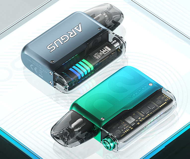 Top 10 Vapes of 2026 So Far (Europe Market Guide) 9 Voopoo Argus P2 vape device featuring a sleek design, visible LED display, and detailing on the casing. The upper device shows the brand name "ARGUS" and the lower device "Voopoo" with circuit detail visible through transparent side.