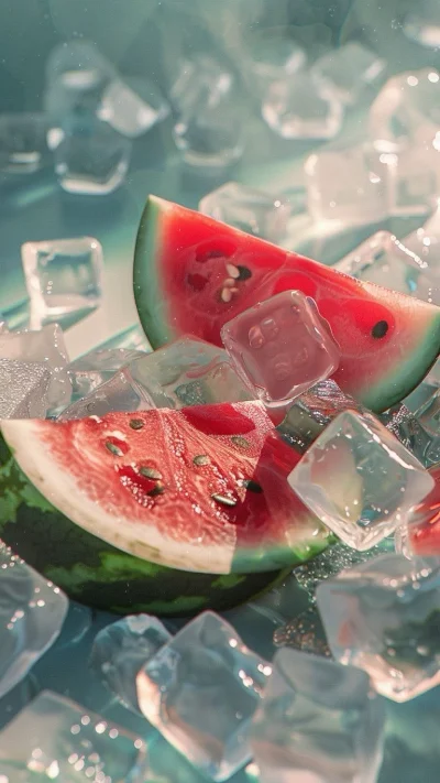What Are the Most Popular Disposable Vape Flavors in 2026? 3 Fresh slices of watermelon surrounded by clear ice cubes on a light blue surface.