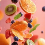 Assorted fruits including orange slices, kiwi, strawberries, blueberries, blackberries, and mint leaves floating against a pink background.