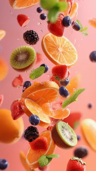Assorted fruits including orange slices, kiwi, strawberries, blueberries, blackberries, and mint leaves floating against a pink background.